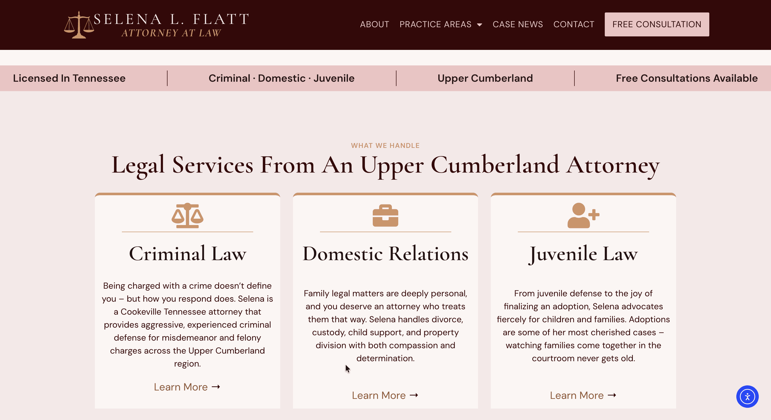 Browser mockup of the Attorney Selena Flatt law firm website showing the rose gold and plum brand and the chat-style intake form