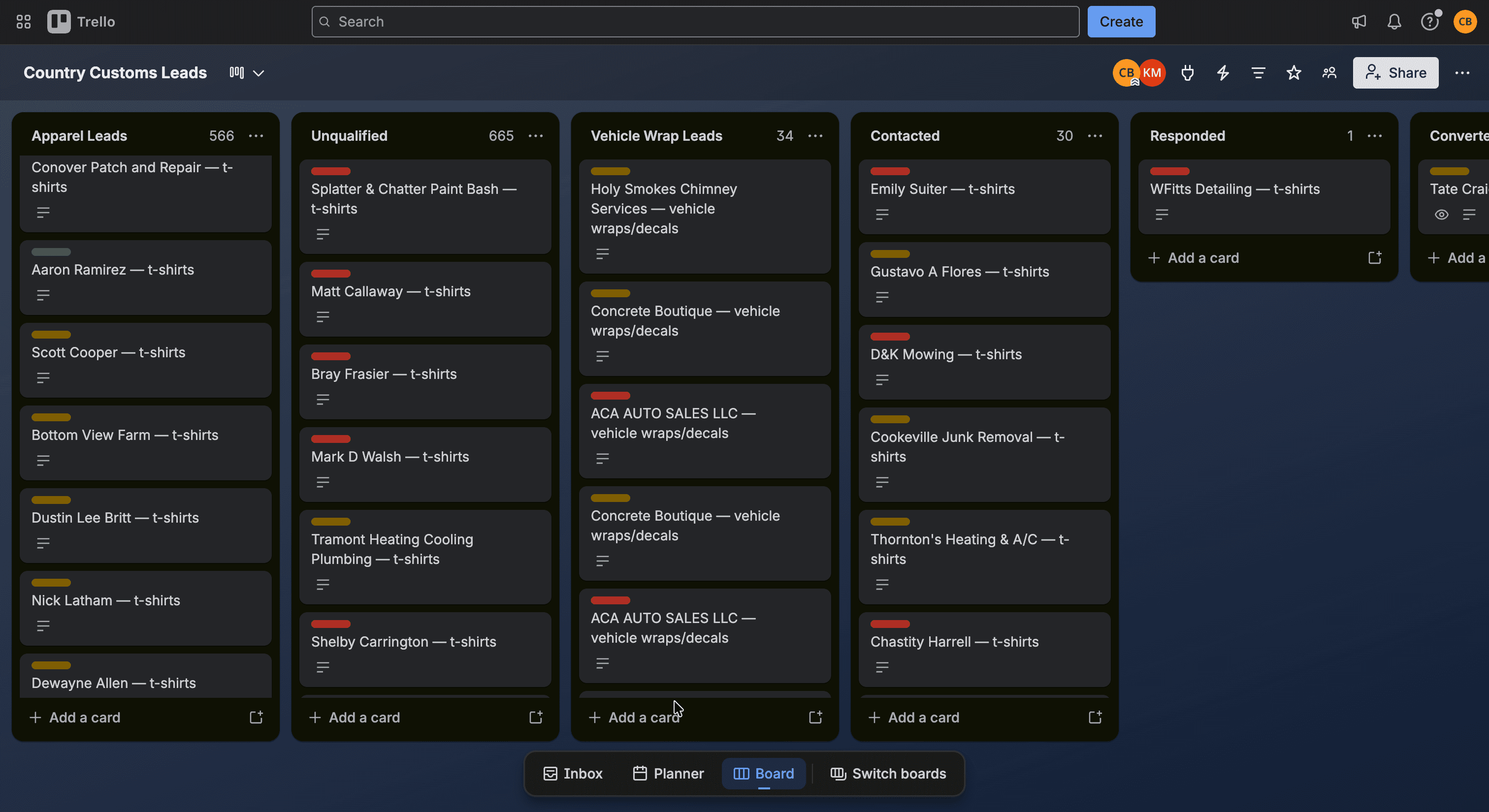 Mockup of the Country Customs lead intelligence board showing Facebook posts scored for buying intent with matched products and outreach drafts